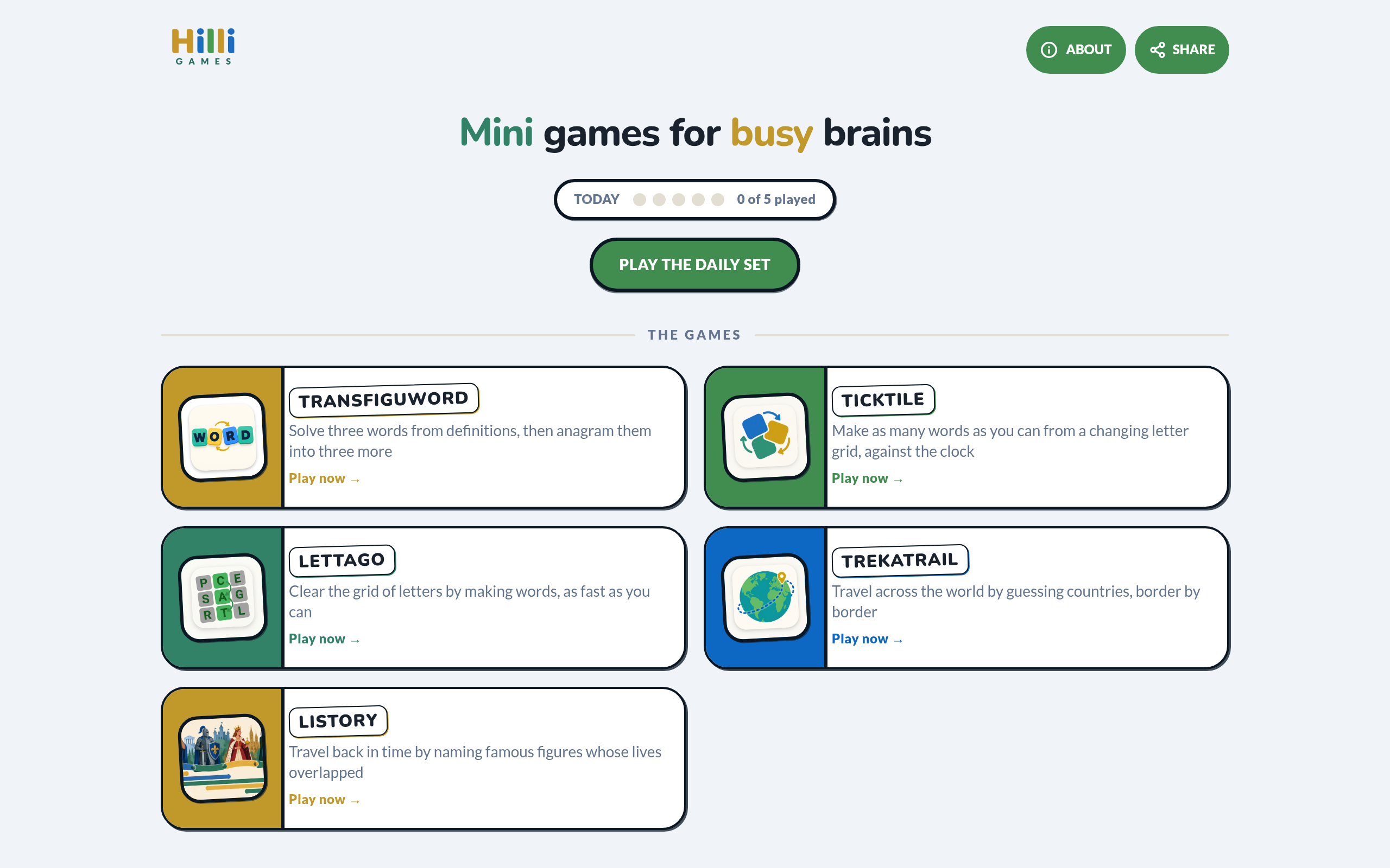 Hilli Games hub on desktop